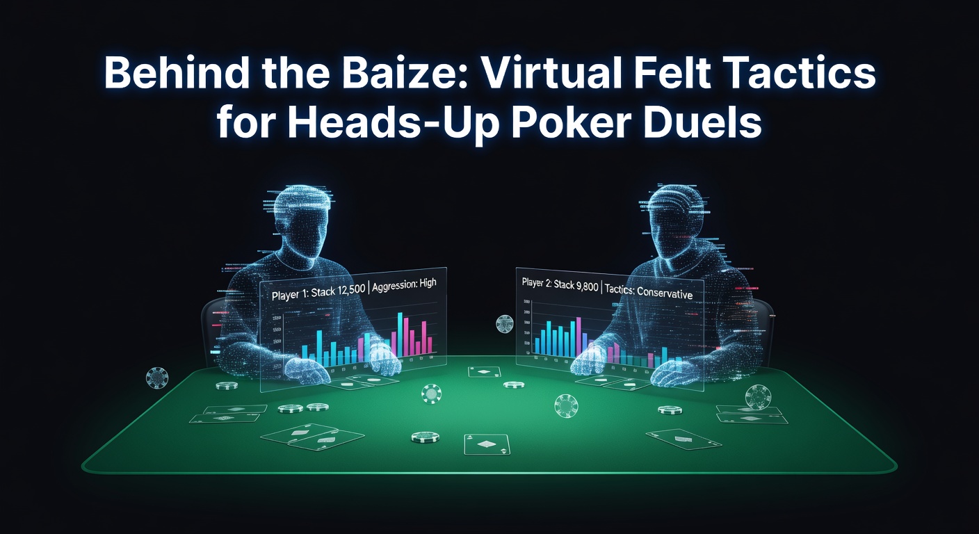 Digital poker table with two players locked in a tense heads-up duel, cards and chips glowing on virtual felt