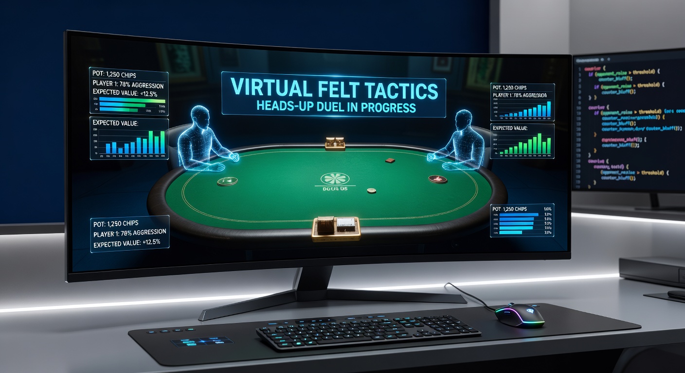 Close-up of virtual poker HUD displaying player stats, ranges, and equity graphs during a heads-up hand