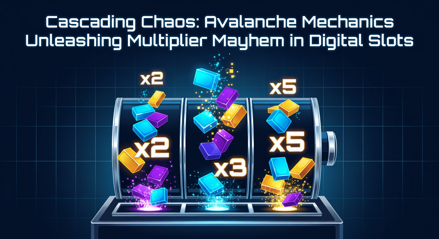 Vibrant digital slot screen showing cascading symbols exploding in a chain reaction with rising multipliers