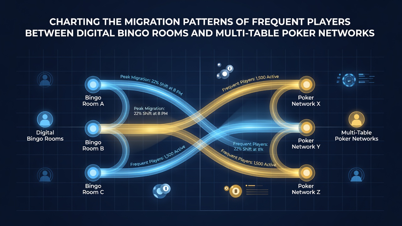 Digital interface showing player activity transitioning between bingo rooms and poker tables