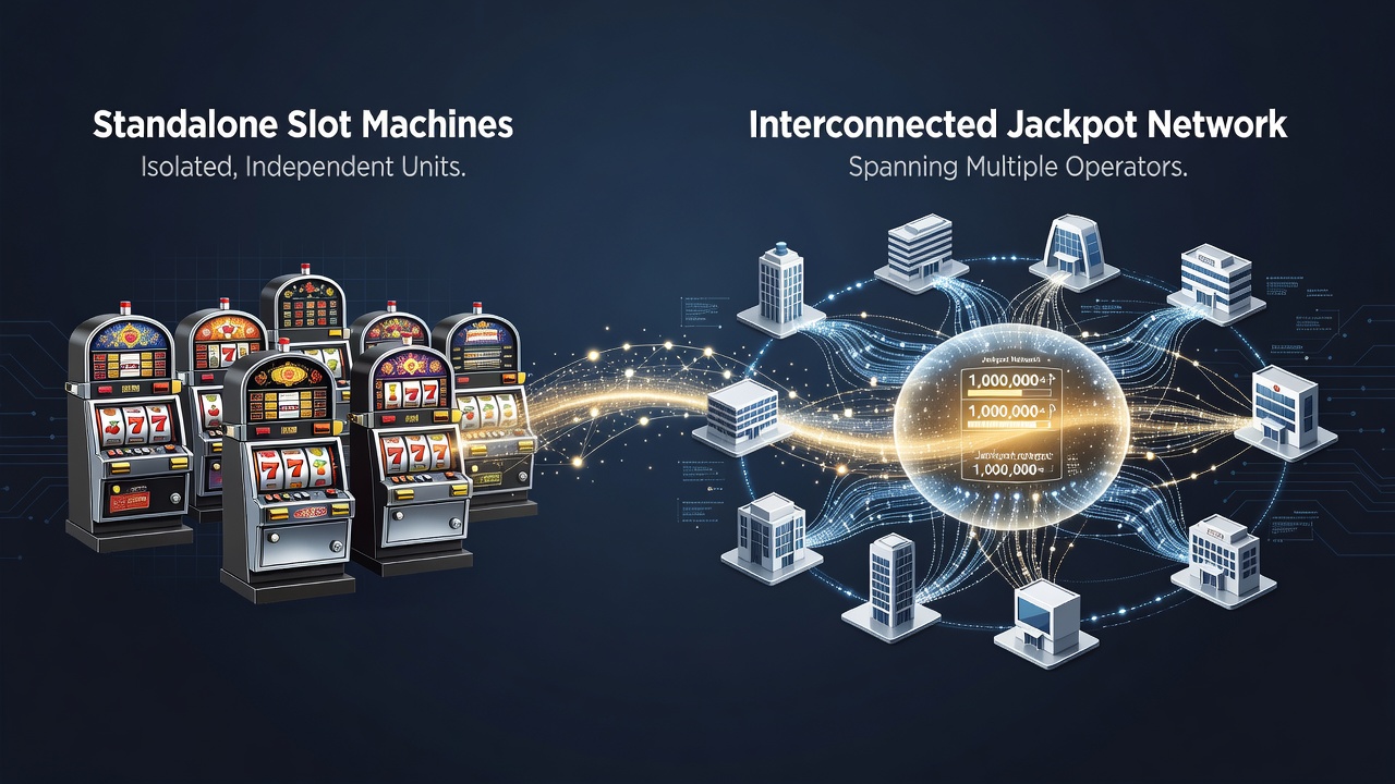 Early standalone slot machines in a casino floor transitioning toward networked systems