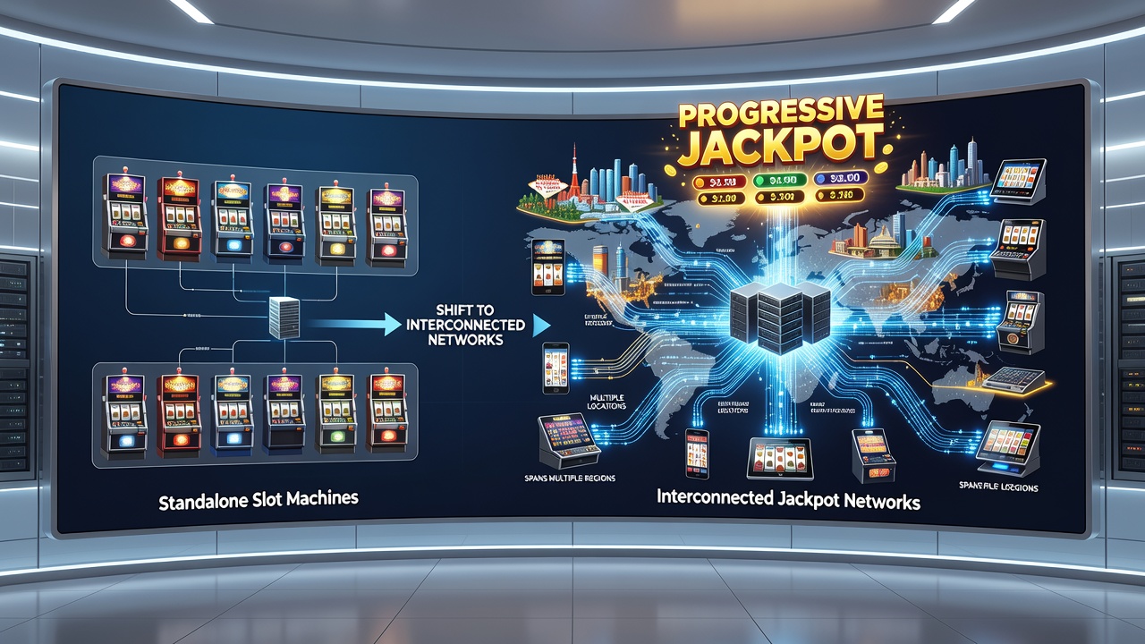 Modern interconnected jackpot network diagram showing multiple casino operators linked through central servers