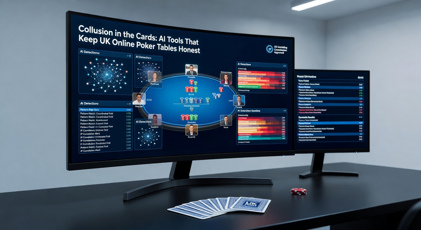 Digital poker table with AI surveillance overlay detecting suspicious player patterns