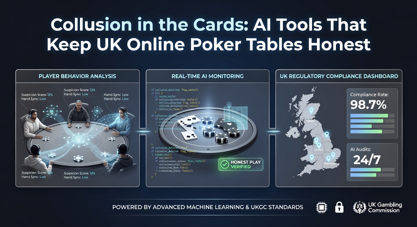 AI dashboard analyzing poker hand data streams, highlighting collusion patterns in red alerts