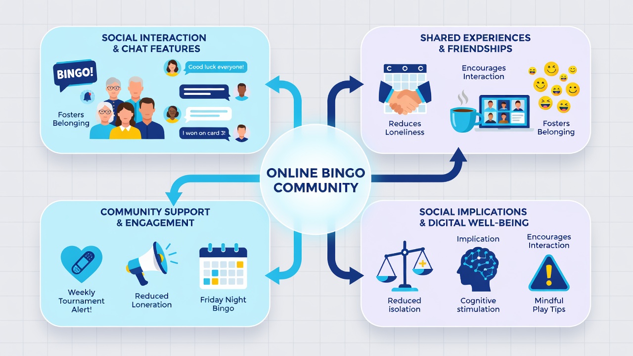 Diverse group of online bingo participants celebrating a shared win through virtual interactions