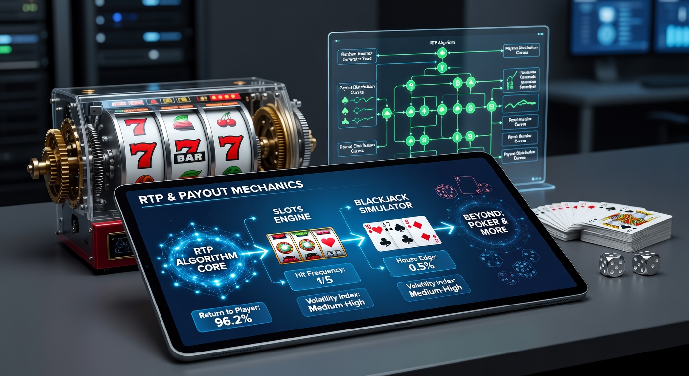 Close-up of blackjack table with chips and cards, overlaid with RTP percentage graphs and payout calculations