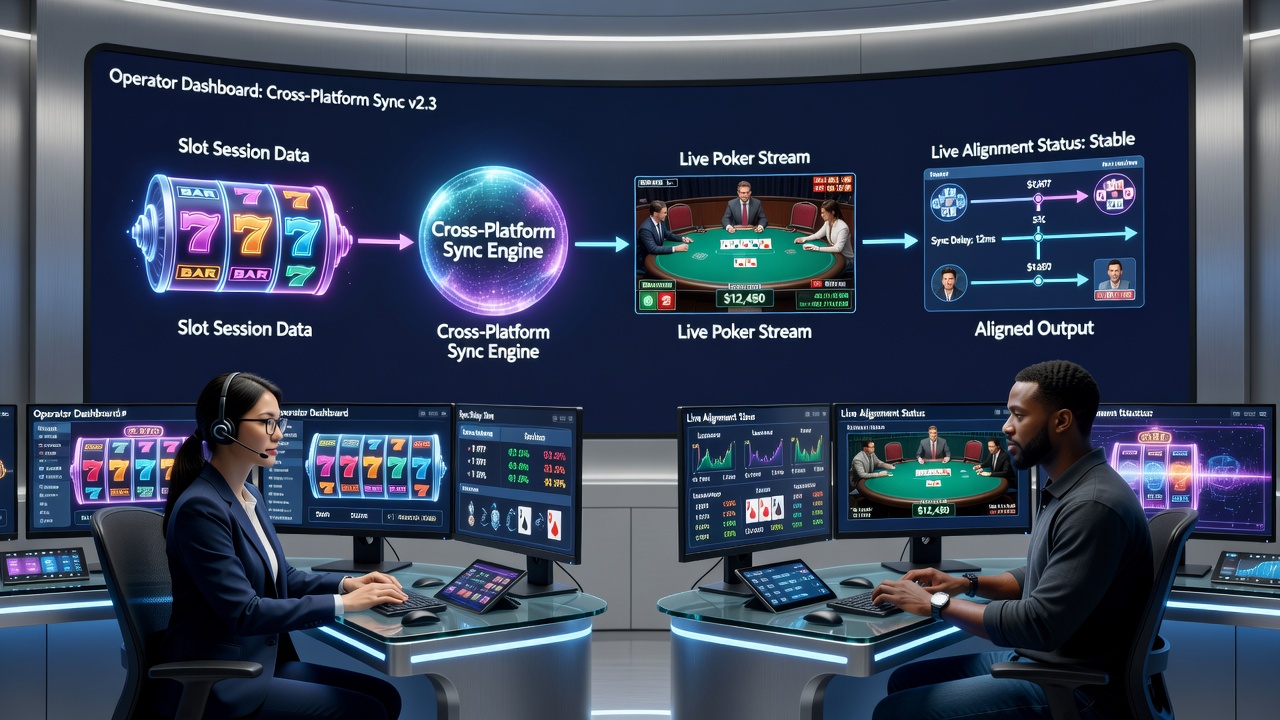 Diagram depicting data flow between slot sessions, live poker tables, and bingo rooms in an operator's backend system