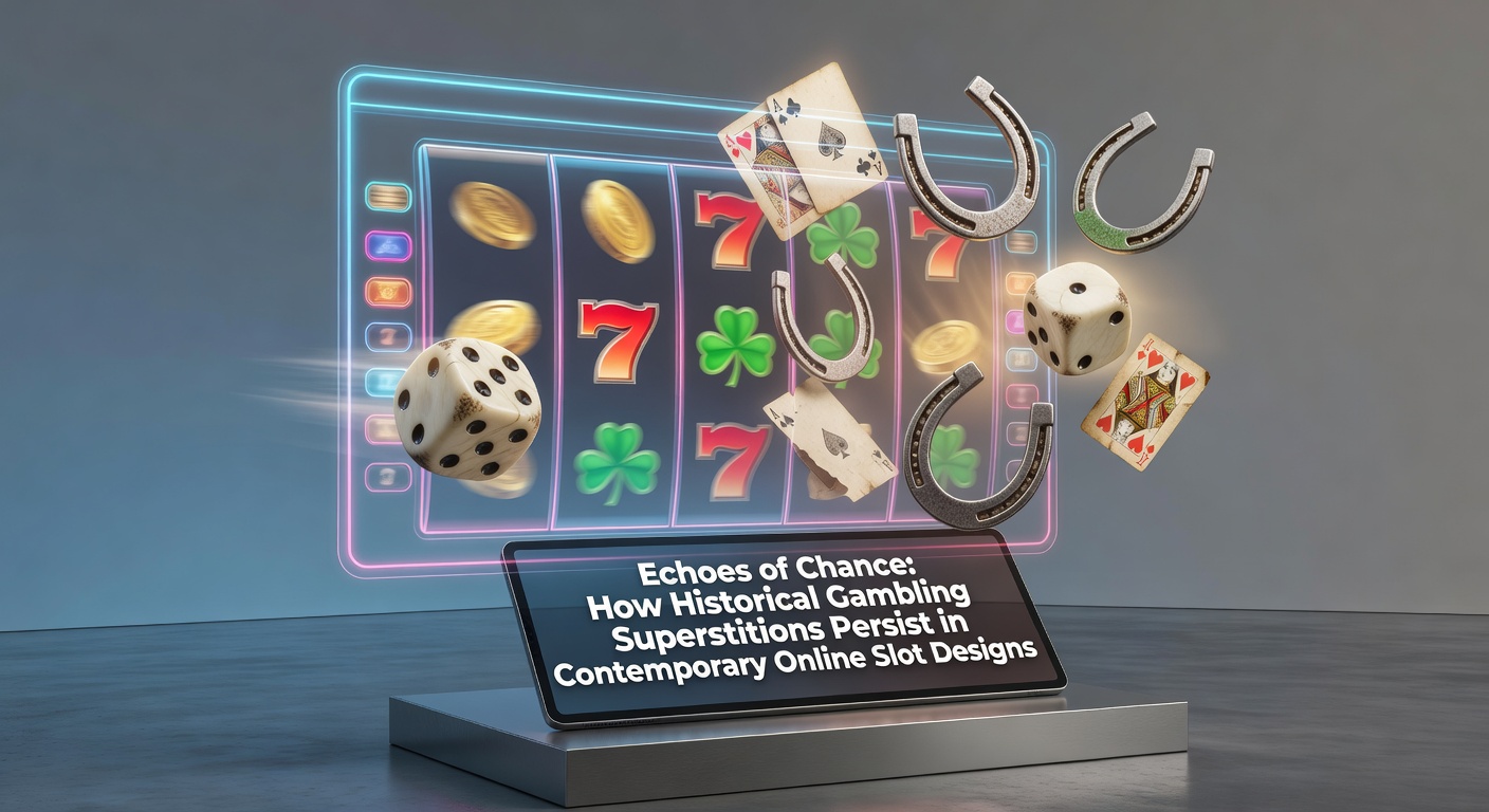 Collection of historical gambling charms alongside modern online slot reel symbols featuring horseshoes and lucky sevens