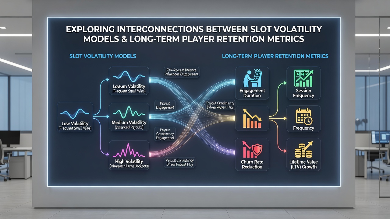 Detailed chart displaying retention curves segmented by low, medium, and high volatility slot categories across a twelve-month timeline