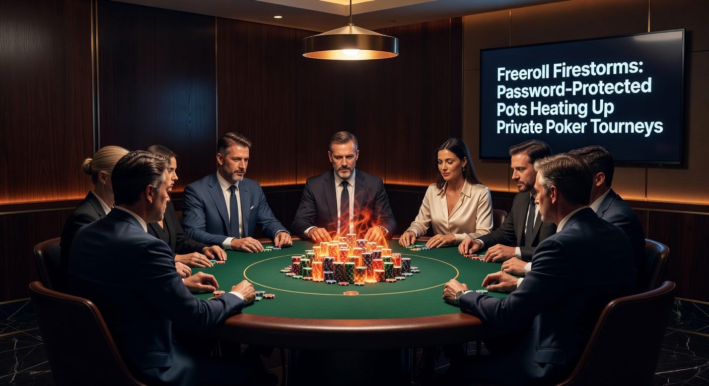 Intense poker players huddled around a digital table during a password-protected freeroll tournament, chips flying in a heated private showdown