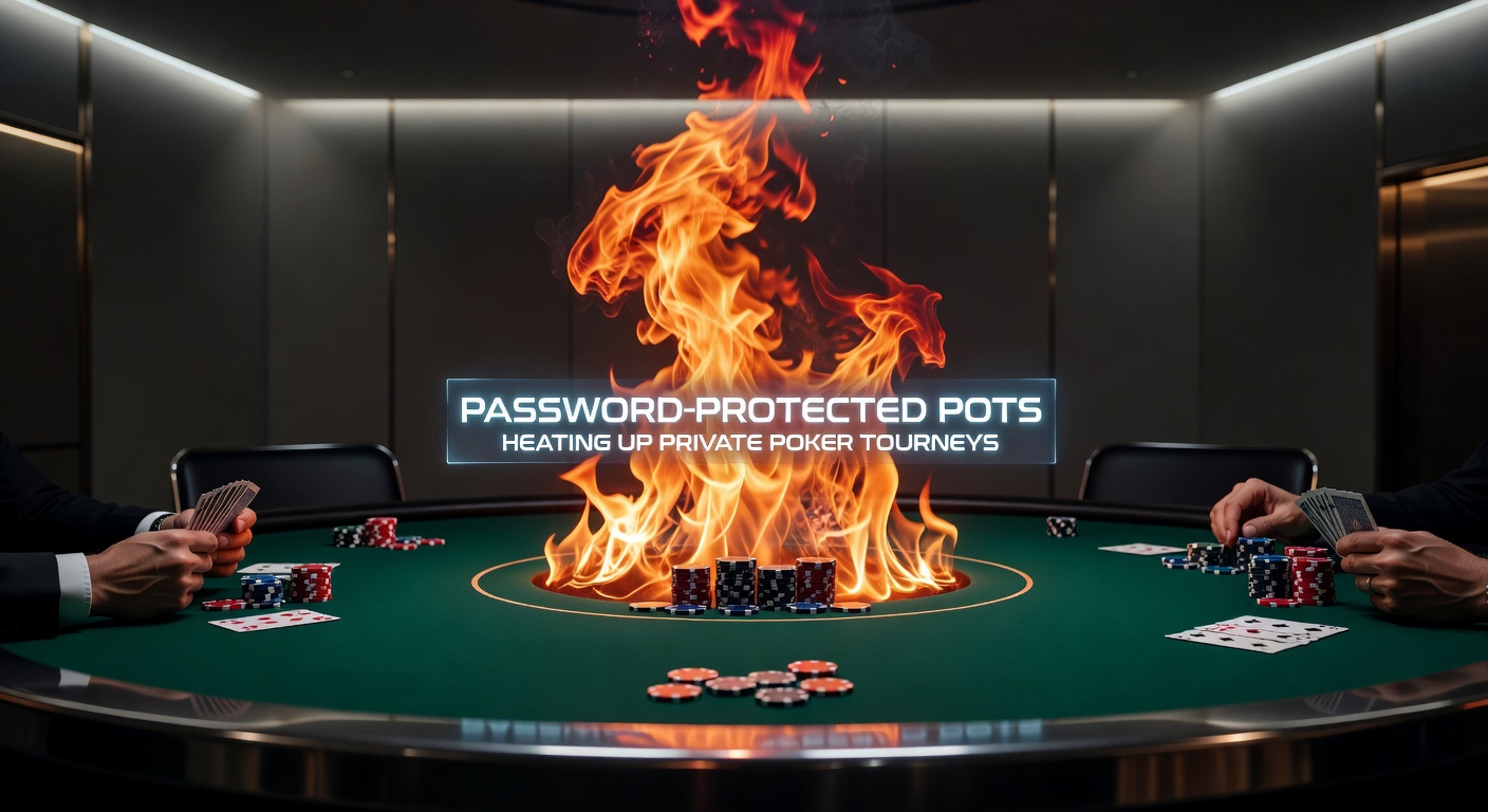 A close-up of a poker app screen showing a password entry field for an exclusive freeroll, with escalating blind levels and a swelling prize pool in the background