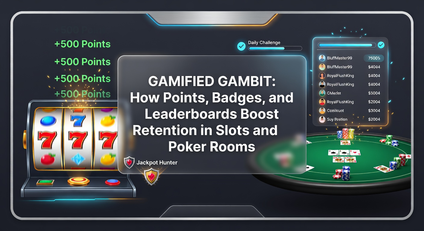 Vibrant digital display showing points accumulating, badges unlocking, and a leaderboard climbing in an online slots interface with poker elements in the background