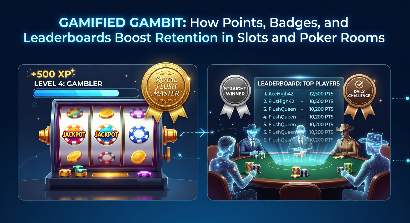 Close-up of a player's profile screen featuring a collection of colorful badges, glowing points counter, and top leaderboard position in a bustling online poker room