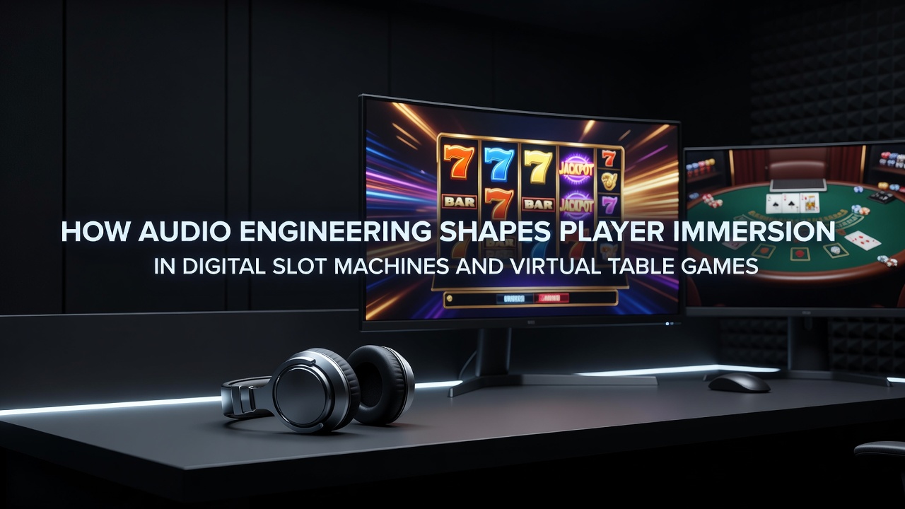 Audio waveform visualization overlaid on a digital slot machine interface showing layered sound elements