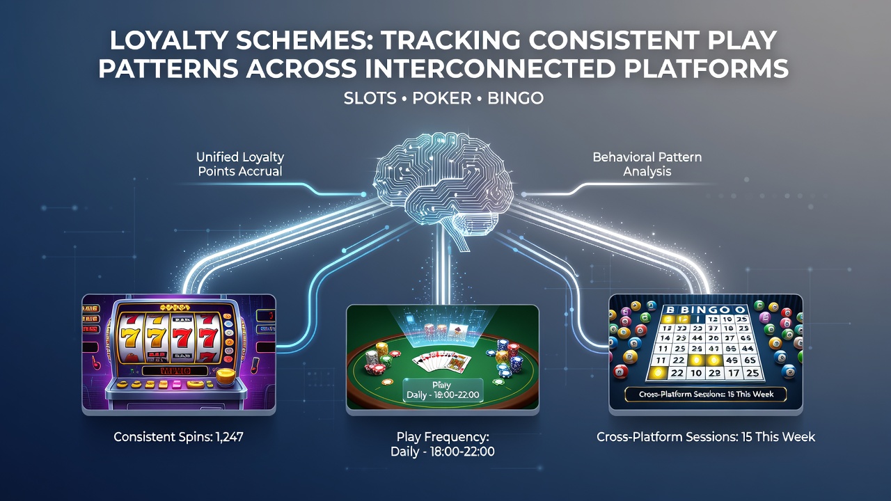 Dashboard interface displaying cross-platform loyalty metrics for slots, poker, and bingo sessions