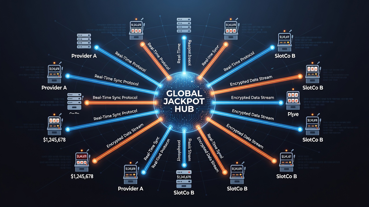 Diagram showing real-time data flow between slot providers and a central progressive jackpot server