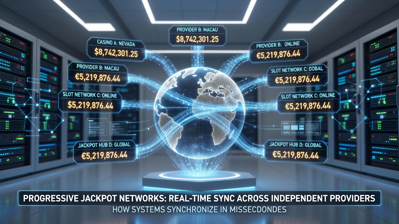 Illustration of synchronized jackpot meters updating simultaneously across different casino platforms