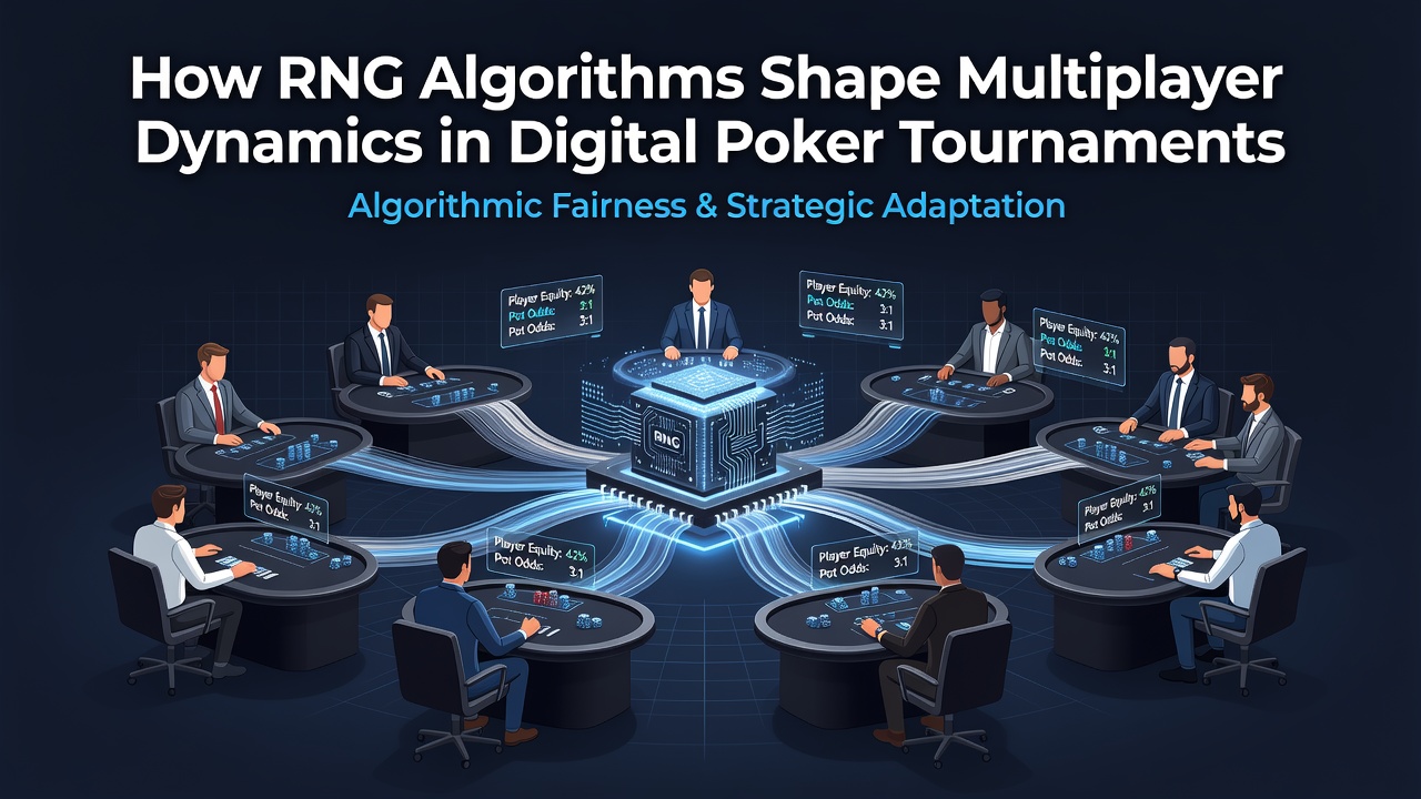 Digital poker tournament interface showing multiple player avatars around a virtual table with RNG indicators