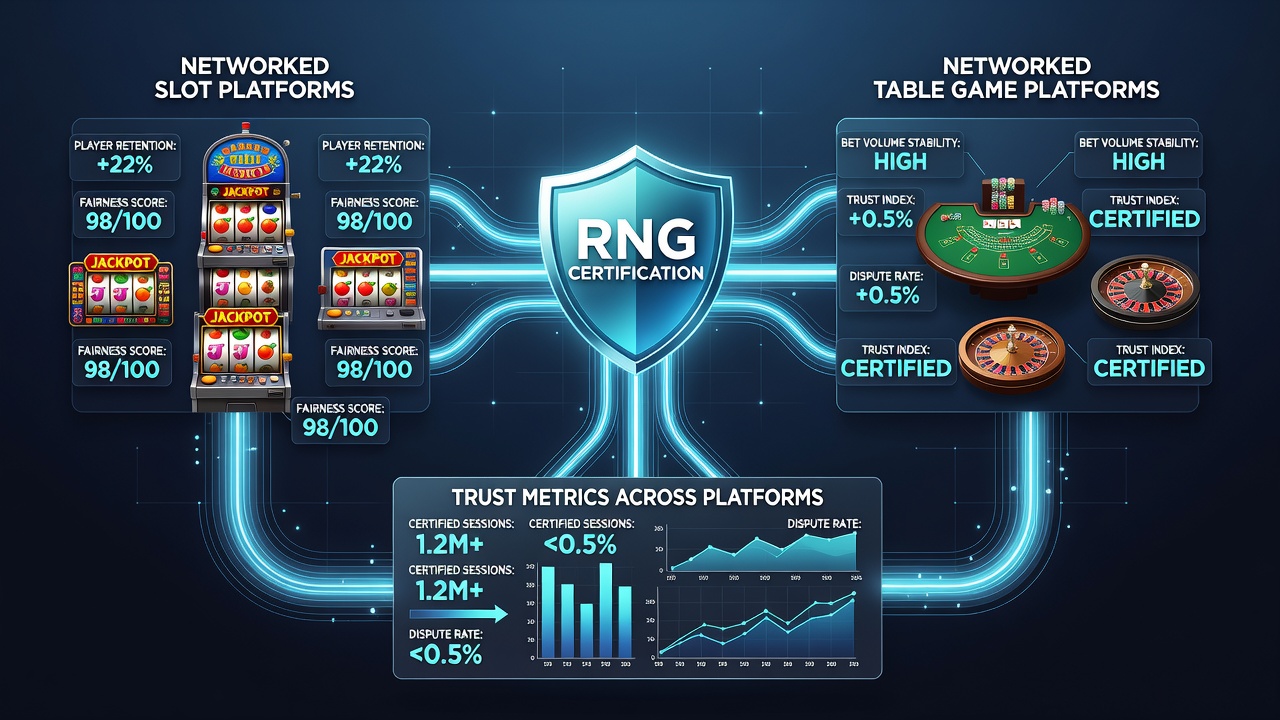 Diagram showing interconnected casino platforms with certified RNG modules and trust metric dashboards