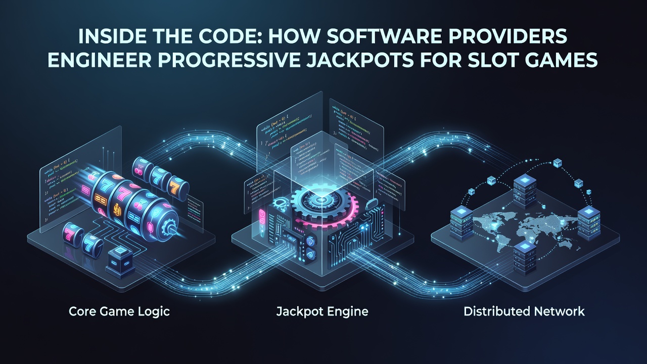 Detailed view of software architecture and code layers used in progressive jackpot systems for online slots