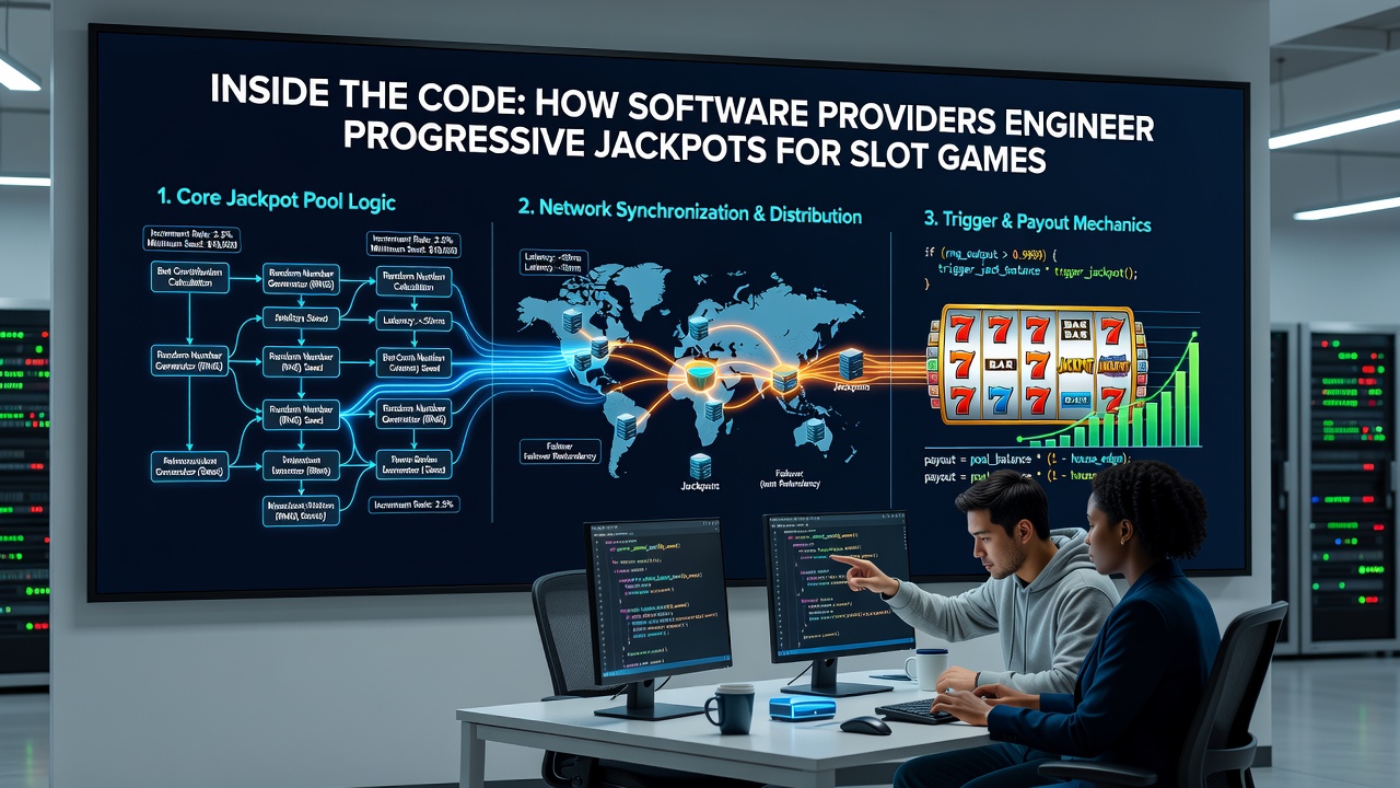 Server infrastructure and network diagrams illustrating progressive jackpot connectivity across multiple platforms