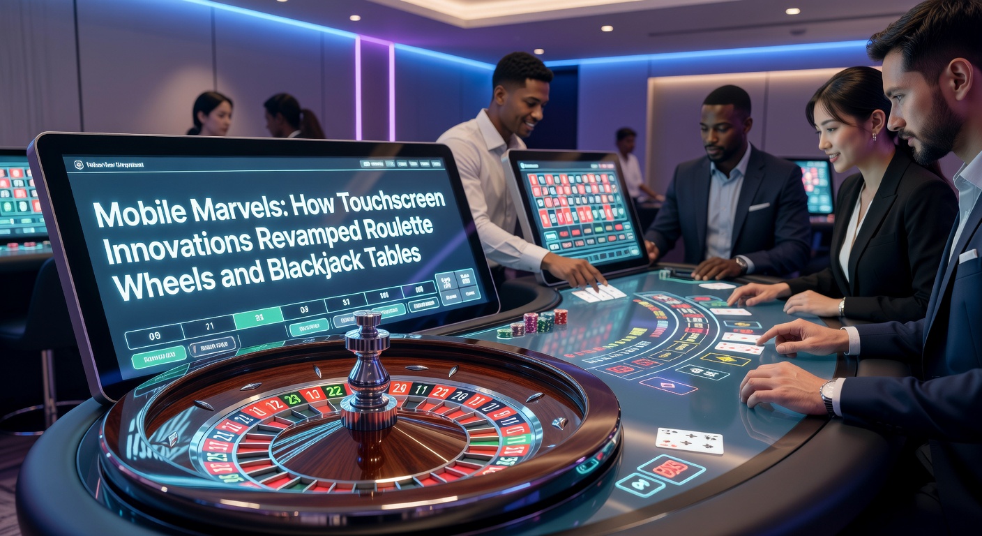Players interacting with a multi-station touchscreen blackjack table, showing card deals and bet interfaces glowing in a bustling casino environment