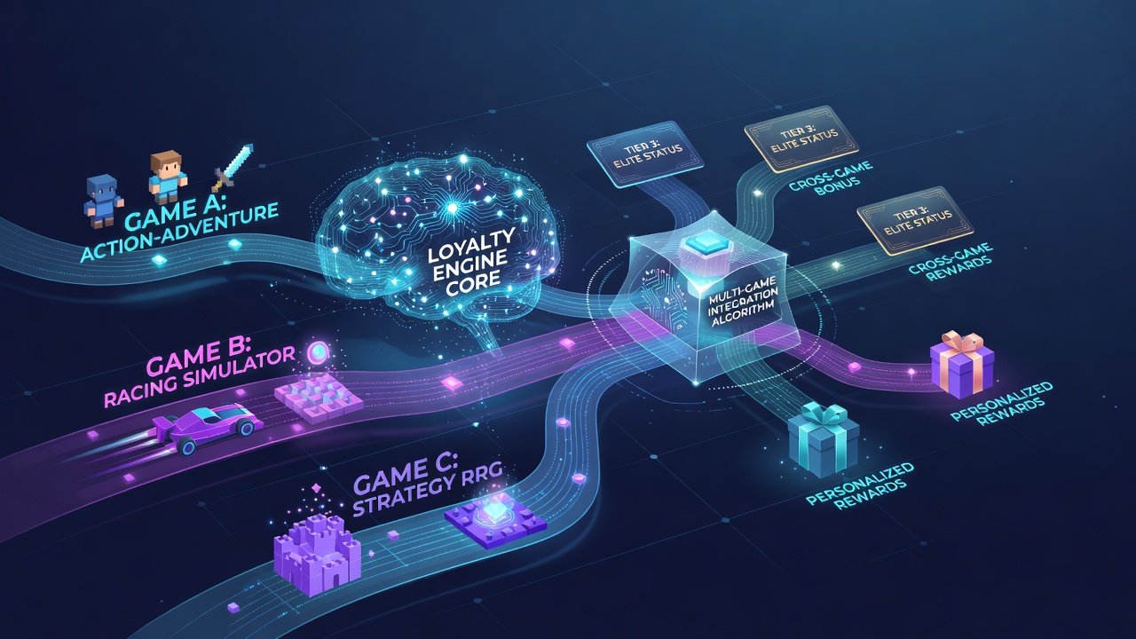 Flowchart showing predictive model inputs, reward calculation steps, and output distribution across different player segments in digital gaming hubs