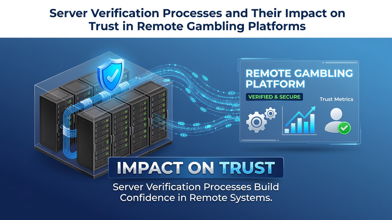 Illustration of server verification processes in remote gambling platforms showing secure data encryption and authentication layers