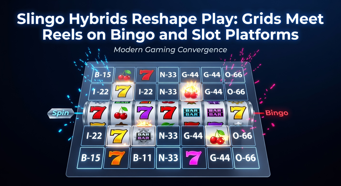Vibrant Slingo hybrid game screen showing a 5x5 bingo grid beneath spinning slot reels with themed symbols like jokers and multipliers
