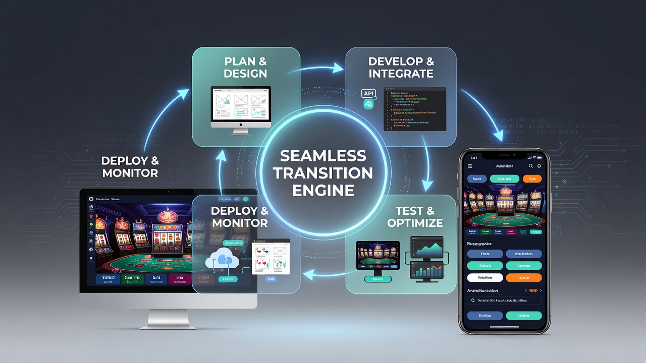 Mobile and desktop screens displaying synchronized casino game interfaces during development testing