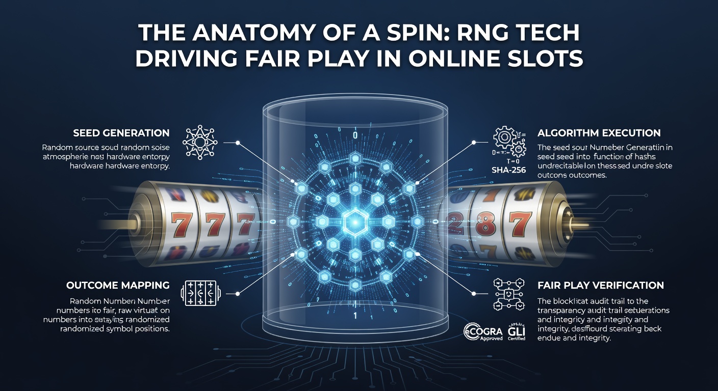 Digital visualization of RNG algorithms generating random outcomes in an online slot machine interface, showing code streams and spinning reels