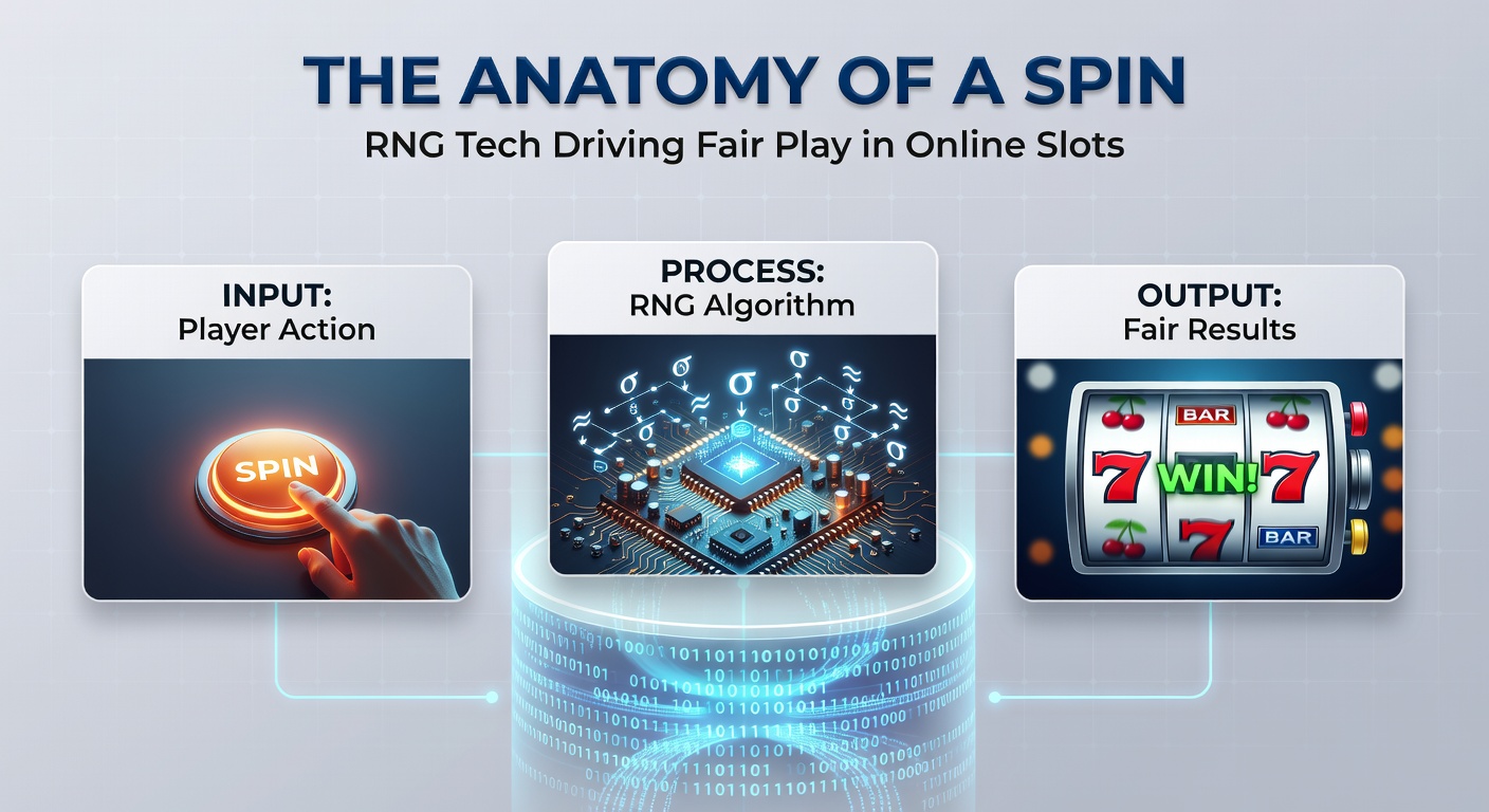 Close-up diagram illustrating the RNG process flow from seed input to reel outcomes in an online slot game, with arrows showing data transformation