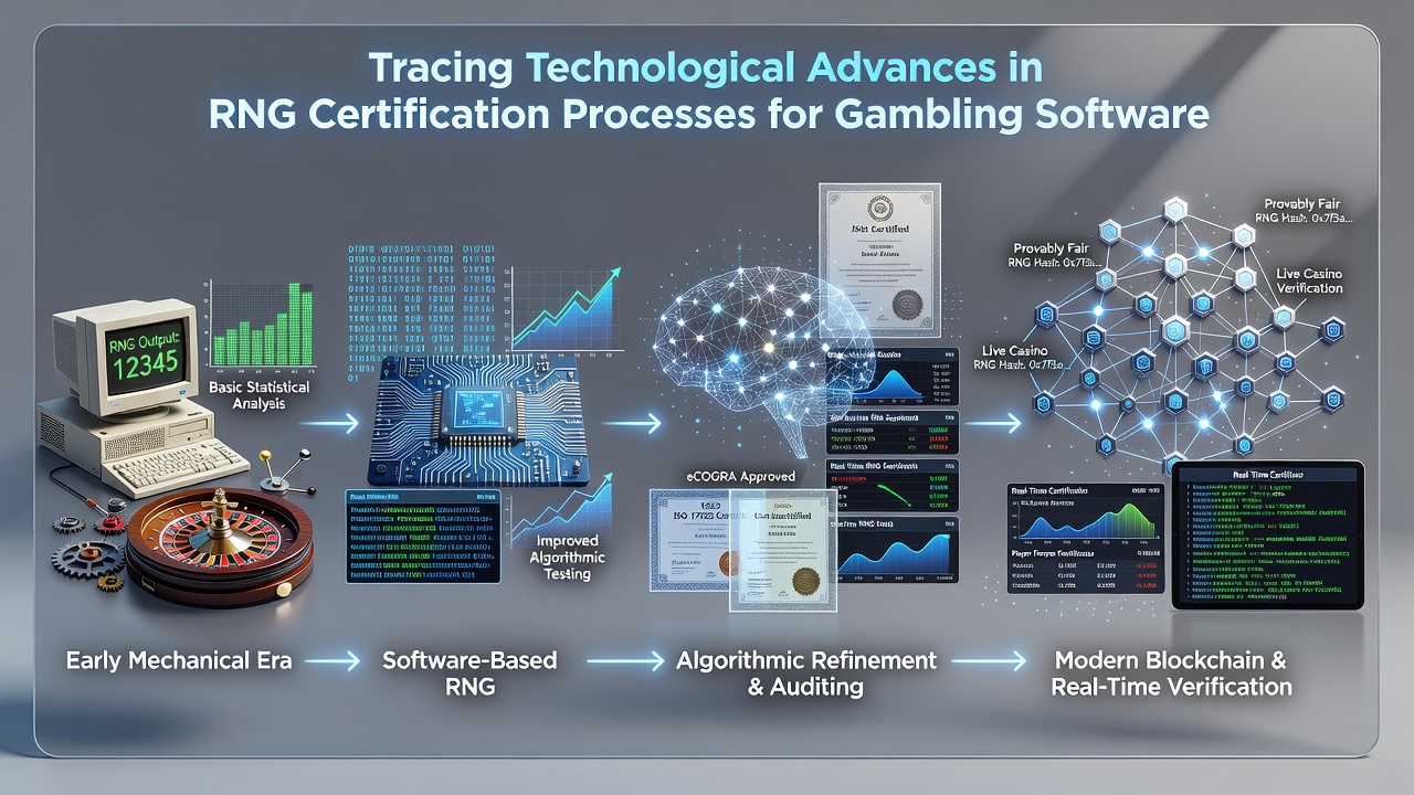 Modern laboratory setup with quantum RNG testing equipment and automated statistical analysis dashboards for gambling software certification