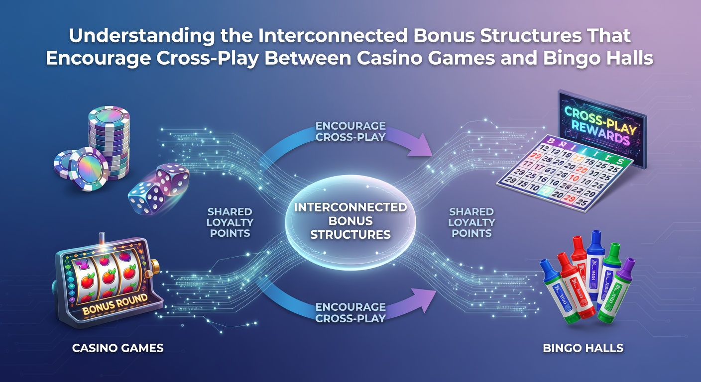 Digital illustration showing interconnected bonus pathways between slot machines, table games, and bingo halls with glowing reward lines