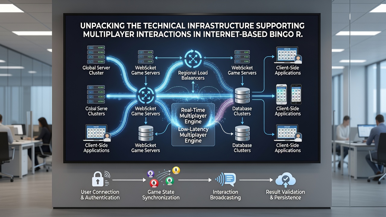 Network topology diagram showing distributed servers and real-time data synchronization for bingo rooms